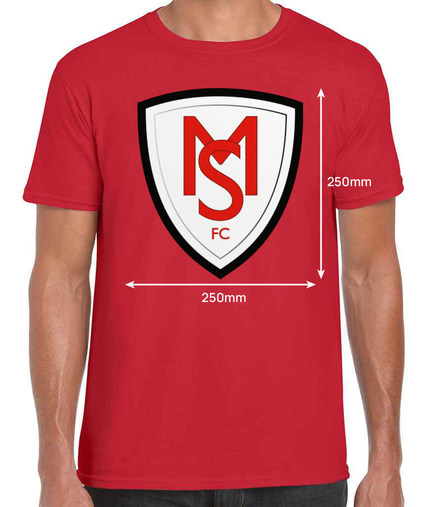 GD01 Gildan SoftStyle Adult T-Shirt Red Front with Football Badge Centre with Dimensions 250mm Football Club Merchandise Custom Printed T-shirt Red with Badge Centre 250mm