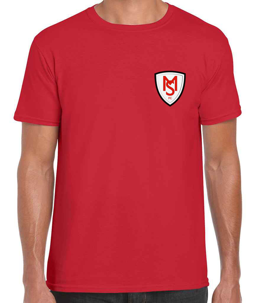GD01 Gildan SoftStyle Adult T-Shirt Red Front with Football Badge Top Left 90mm Football Club Merchandise Custom Printed T-shirt Red with Badge Top Left