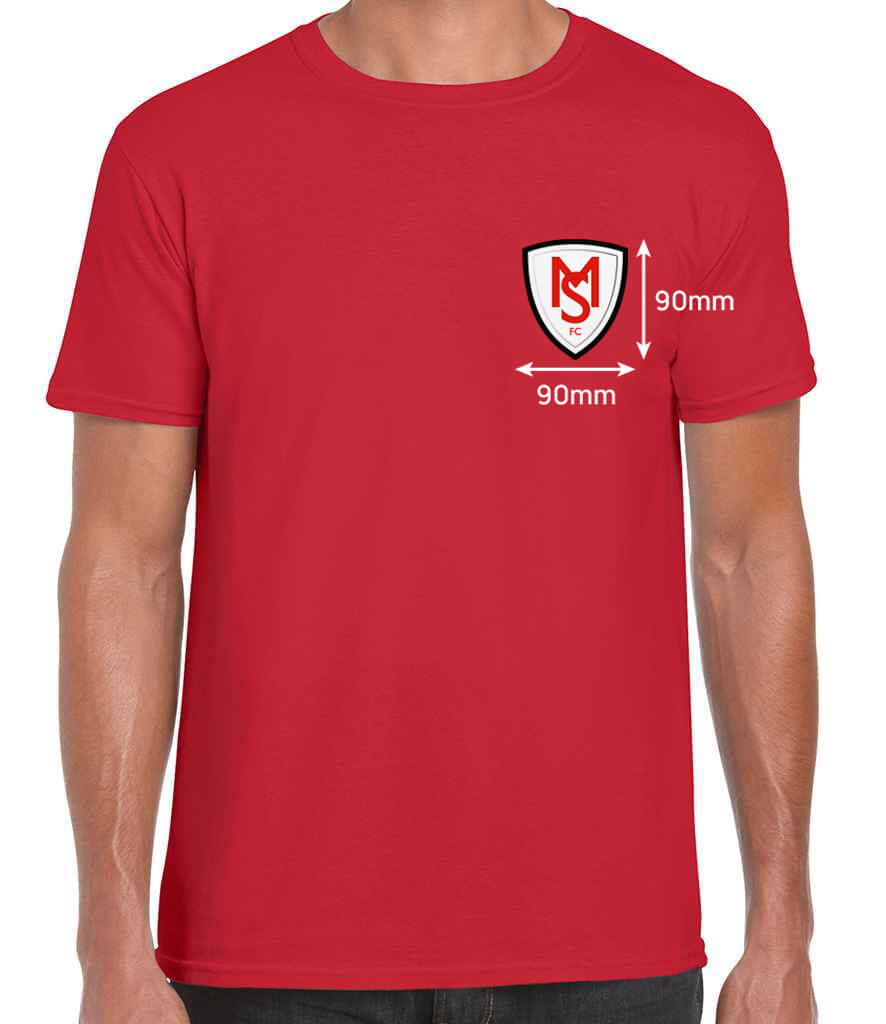 GD01 Gildan SoftStyle Adult T-Shirt Red Front with Football Badge Top Left with Dimensions 90mm Football Club Merchandise Custom Printed T-shirt Red with Badge Top Left 90mm