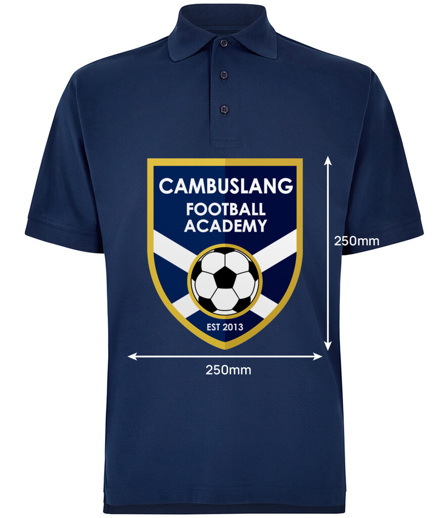 K403 Kustom Kit Klassic Pique Polo Shirt Light Navy Front with Football Badge Centre with Dimensions 250mm K403 Kustom Kit Klassic Pique Polo Shirt Light Navy Front with Football Badge Centre 250mm